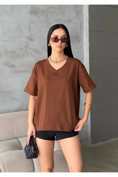 BEJNA Women's V-Neck Collar Oversized 100% Cotton Basic T-Shirt