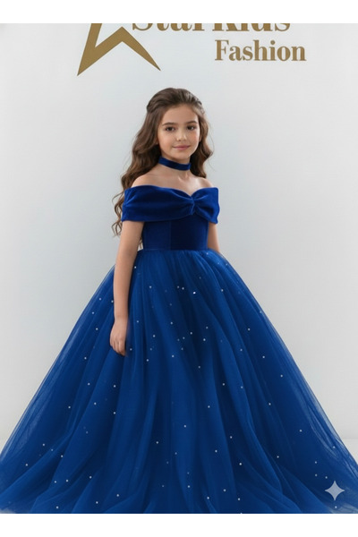 Star Kids Girl's Cobalt Blue Pearls Velvet Dress, Girl's Graduation Dress