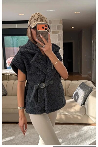 Kadın Kemerli Peluş Yelek | Oversize Rahat Kalıp Şık Yelek