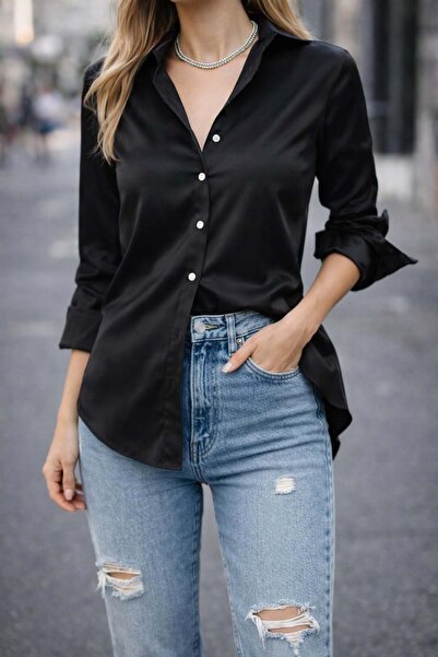 ibeeka Women's Clothing Black Color Satin Shirt - S