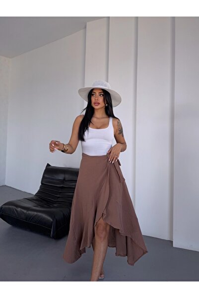 Yasmy Collection Kadın Camel Belden Bağlamalı Asimetrik Müslin Etek HZL25S-DS...