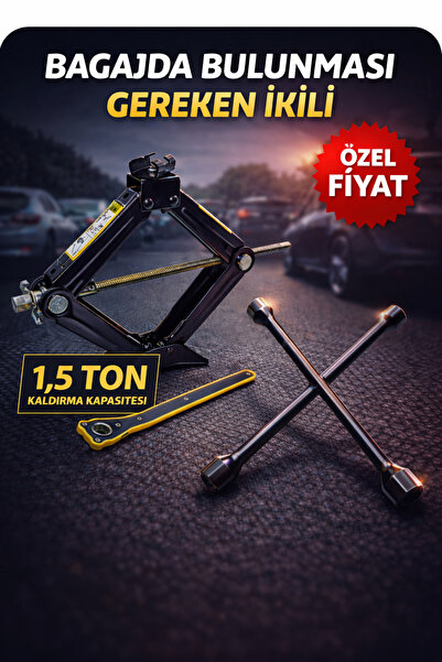 BAHED Araç Kriko ve Bijon Anahtarı Seti Bagaj İçin Zorunlu İkili Oto Lastik D...