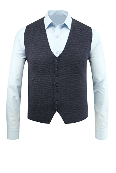 ÇİZGİ Erkek Düğmeli Yelek Cepsiz Desenli Çelik Örgü Klasik Kalıp