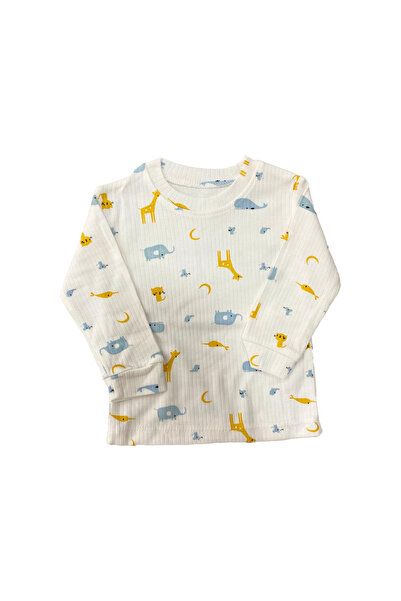 TWOO KİDS Unisex Bebek Sarı Zürafa ve Mavi Fil Desenli Ribanalı Uzun Kollu Ti...