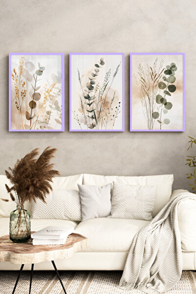 kutuTR Lila Renk Ahşap Çerçeveli 2DUV Baskı 3’lü MDF Tablo–Bej Minimal Botani...