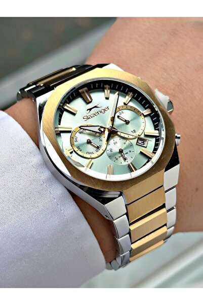 Slazenger Functional Silver-Gold Color 10 Atm Water Resistance Steel Case Men...