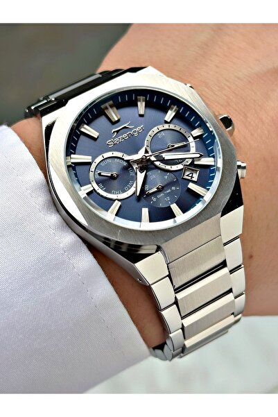 Slazenger Functional Silver-Blue Color 10 Atm Water Resistance Steel Case Men...