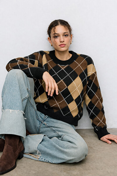 markazzi Coffee Beige Fleece-Lined Baklava Patterned Di̇maz Sweater