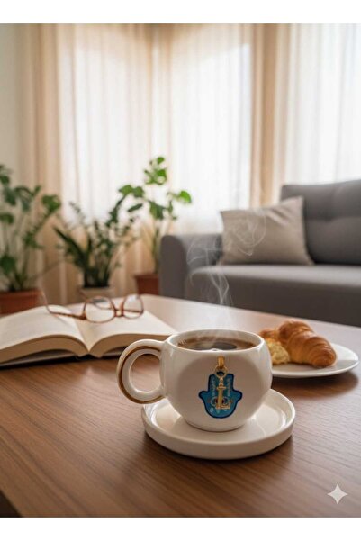 Ceresshop Handmade Ceramic Cup with Hamsa Figure and Letter Charm (Specify th...