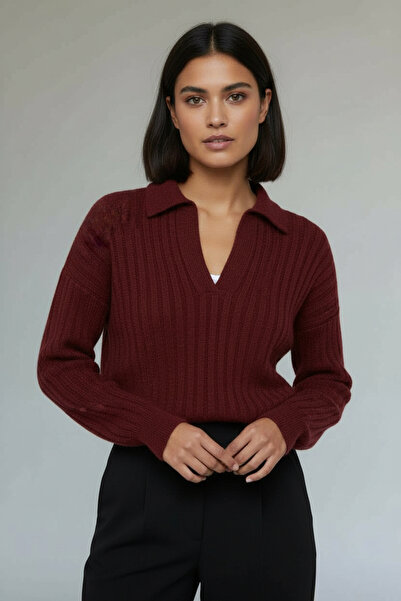 Nostos Algos Burgundy Textured Polo Neck Knit Sweater