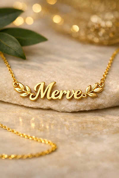 KAR DİAMOND 925 Ayar Gümüş Altın Kaplama Defne Yapraklı Merve İsimli Kolye Iş...