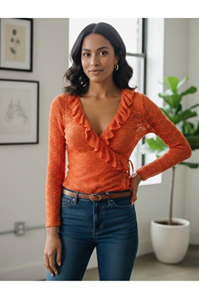 Arven&Bera Kadın nar çiçeği kruvaze yaka bütüncül uzun kol fırfırlı Bluz