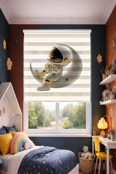 DOKUPER AY ASTRONAT DİJİTAL BASKILI ZEBRA PERDE-COCUK ODASI-STOR PERDE