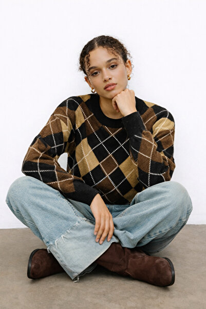 markazzi Coffee Beige Fleece-Lined Baklava Patterned Di̇maz Sweater