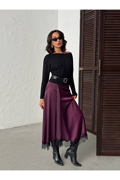 MADAMMERY Eteği Dantelli Drape Detaylı Kalın Saten Şık Etek