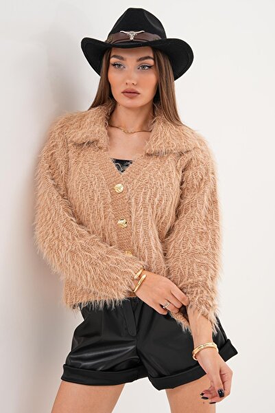 mahira collection Women's Long Furry V-Neck Placketed Washable Knitwear Cardigan