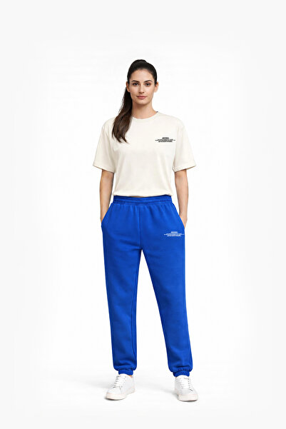 Logo Baskılı Saks Mavisi Unisex Lastikli Eşofman Altı
