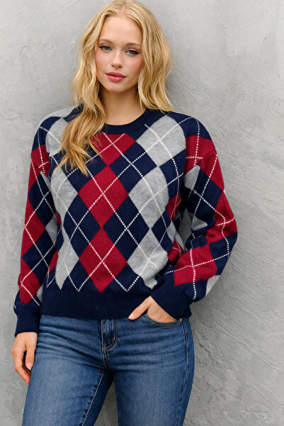 markazzi Navy Blue Claret Red Fleece-Lined Baklava Patterned Di̇maz Sweater