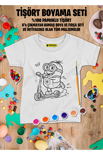 BaskılıTshirt Minion Tişört Boyama Seti – Çocuk Full Set Fırçalı, Kreatif Elb...