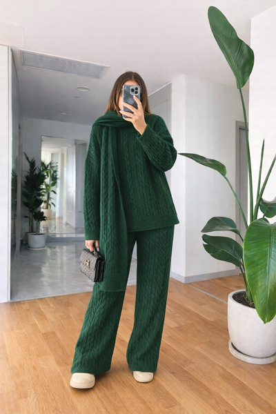 ikomteks Coffee Wefted Braided Knitwear Trousers Set