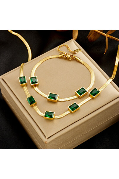Kracer 18K Gold Plated Necklace and Bracelet Set, with Green Zirconia Stones,...
