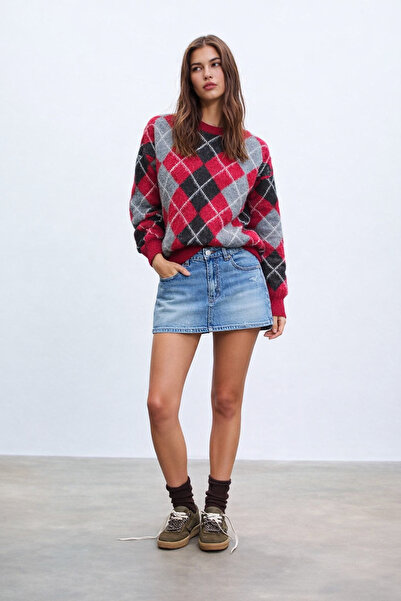 markazzi Burgundy Black Baklava Patterned Di̇maz Sweater