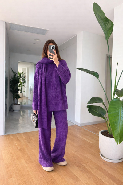 ikomteks Coffee Wefted Braided Knitwear Trousers Set