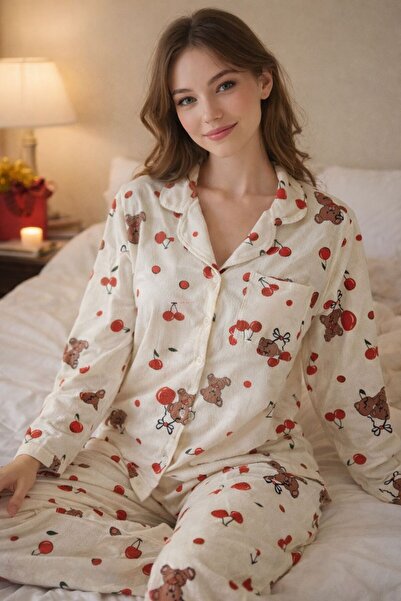 CDP Color de Piel Relaxed Fit Women's Pajama Set – Teddy Bear & Cherry Pattern