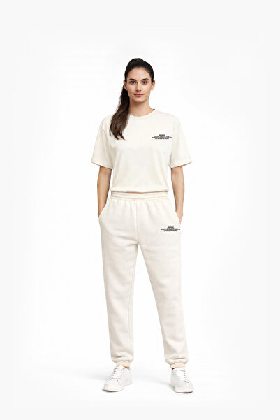 Logo Baskılı Ekru Unisex Lastikli Eşofman Altı