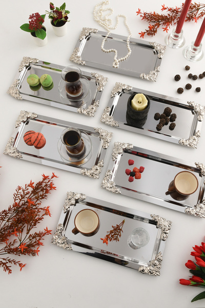 Empressco 6'lı Gümüş Süs Detaylı Kayık Kahve Sunum Tepsisi