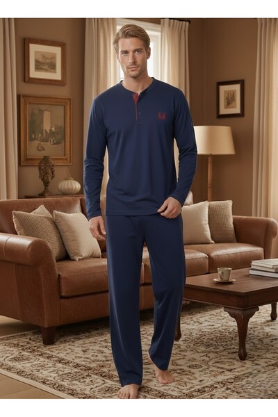 Lohussa Men's New Season Navy Blue Crew Neck Long Sleeve Special Design 100% ...