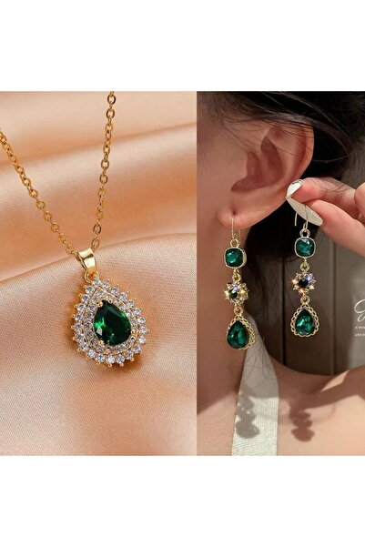 Kracer 18K Gold Plated Necklace and Earring Set, with Green Zirconia Stones, ...