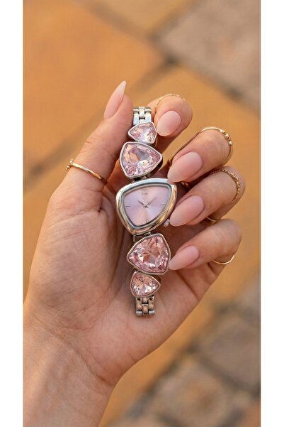 KLISHE Butik Kadın Saat Gümüş & Pembe Renk Taşlı Çelik Saat – Şık & Lüks & Öz...