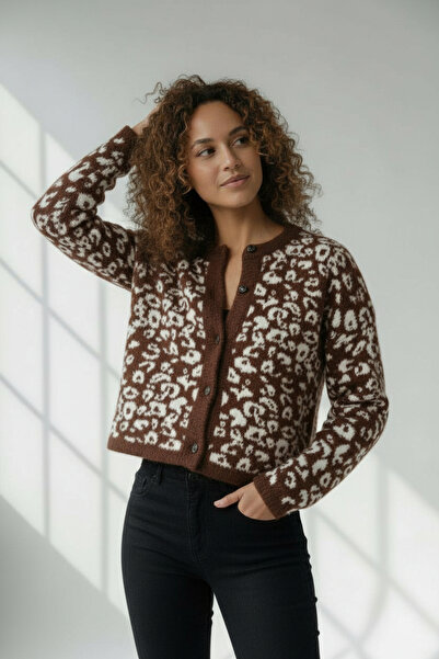 Nostos Algos Brown Animal Print Knitwear Cardigan