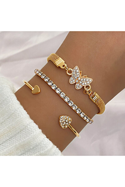 Kracer Set of 3 18K Gold Plated Bracelets with Zirconia Stones, Stainless Steel