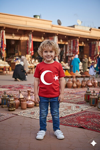 Parti Kırtasiye Erkek Çocuk Unisex Tişört Kırmızı Ay Yıldız Baskılı Tişört Kı...