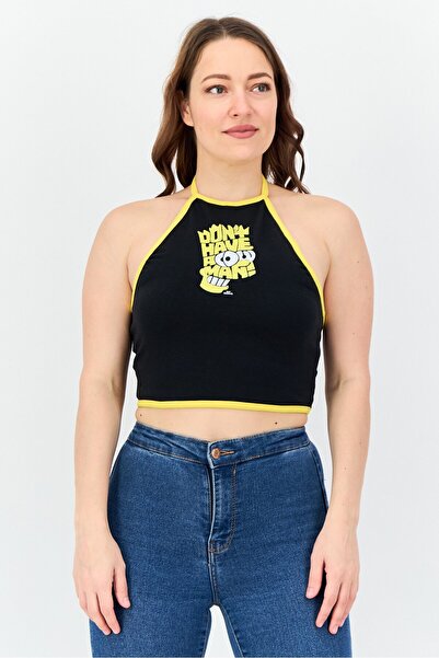 the simpsons Women Tie Neck Sleeveless Graphic Print Crop Top, Black
