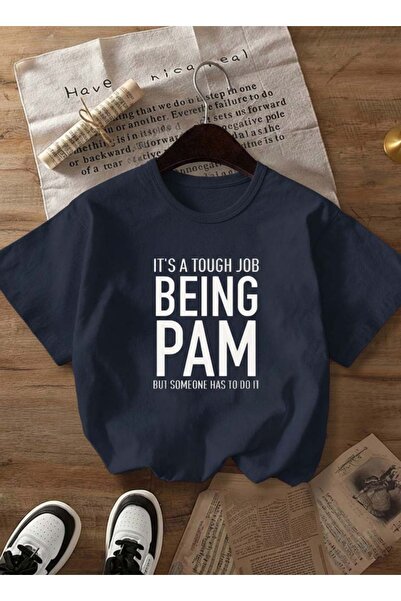 Trend Sizde Unisex Navy Blue Being Pam Printed Crew Neck T-Shirt