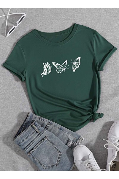 Trend Sizde Unisex Green 3-Piece Butterfly Printed Crew Neck T-Shirt