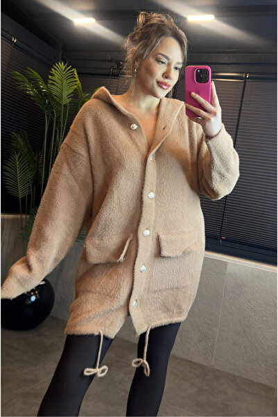 MİR STORE Camel Hooded Plush Long Cardigan with Pocket Detail