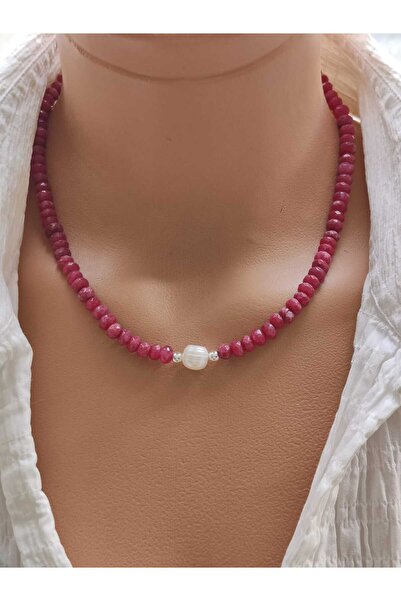 elinasaccessories Kadın 925 Ayar Gümüş Kolye Doğal Taş Akik Yakut Görünümlü İ...