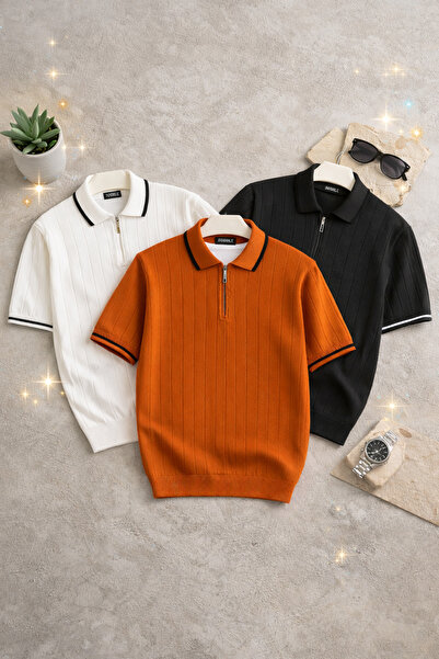 threeoff Erkek 3'lü Polo Yaka Triko Dokulu Regular Pamuklu Çok Renkli T-shirt