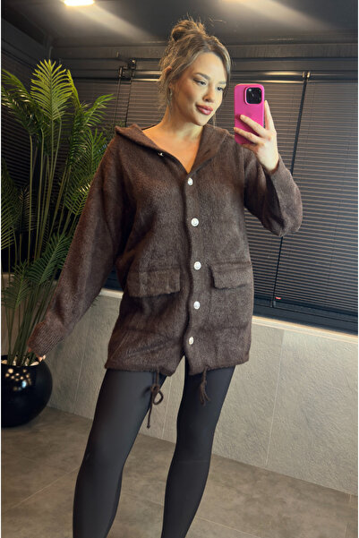 MİR STORE Brown Hooded Pocket Detailed Plush Long Cardigan