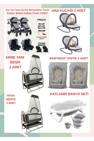 TURHANBEBE Yeni Doğan İkiz Bebek Çeyiz Seti Beşik Bebek Arabası Ana Kucağı Ba...