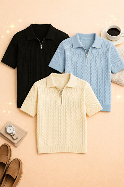 pepule Ανδρικό πλεκτό μπλουζάκι 3 τεμαχίων με λαιμόκοψη πόλο, με σχέδιο, από ...