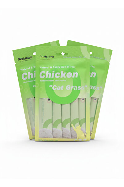 PetMetro مكافآت لذيذة للقطط - دجاج حقيقي وعشب للقطط - عبوة من 5 قطع * 3 قطع