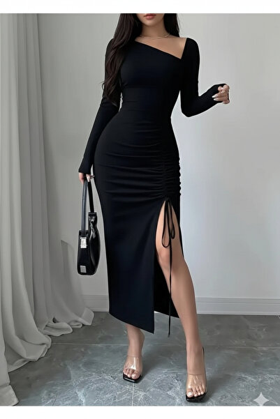 Rora Boat Neck Detailed Long Sleeve Adjustable Slit Dress