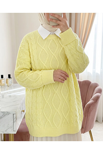 Modamorfo Honeycomb Pattern Winter Casual Knit Sweater - Light Yellow