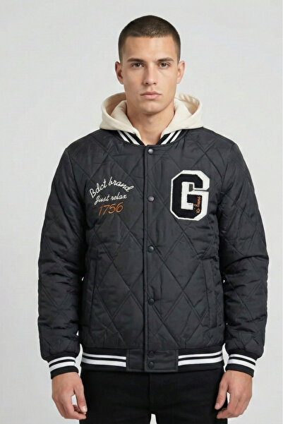 embody Autumn-Spring Quilted Bomber Jacket with Material Hood and Striped Cuf...