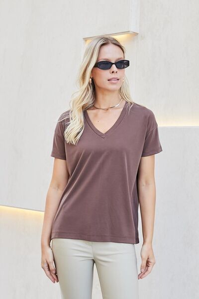 Vesua Brown Silk İ Mo Modal Enye Es Stretchy Umaş V-Neck T-Shirt